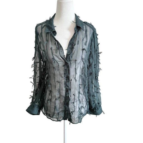 ARA Green Olive FRINGED SHIRT Semi-sheer Collared Long Sleeve Size Small - Picture 6 of 10